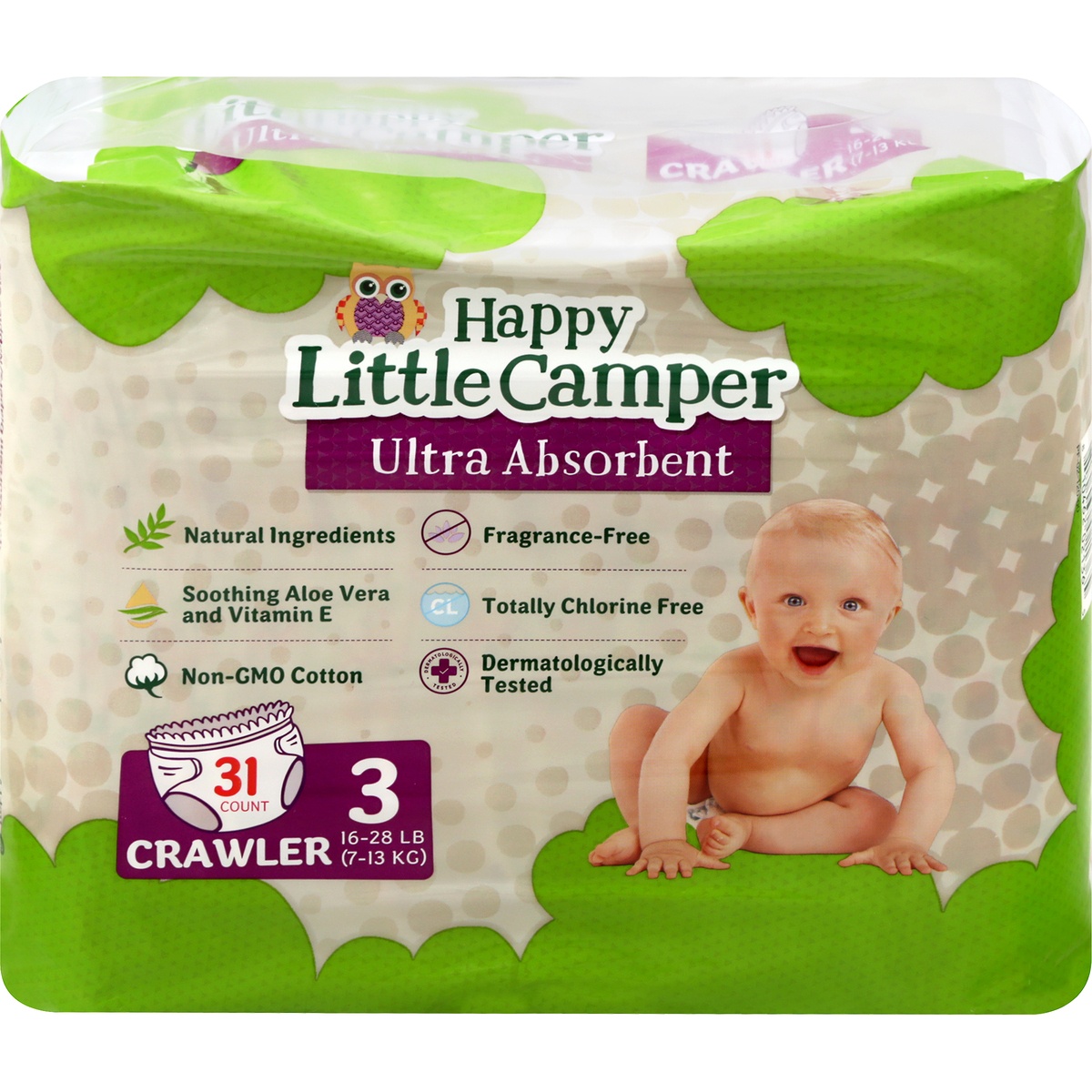 slide 1 of 1, Happy Little Camper 3 (16-28 lb) Crawler Crawler Diaper 31 ea, 31 ct