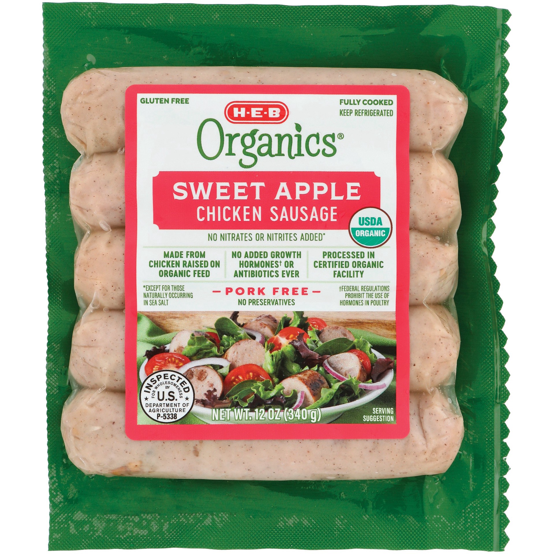 slide 1 of 1, H-E-B Organics Chicken Sausage Links - Sweet Apple, 5 ct