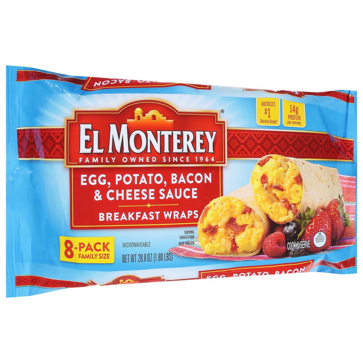 slide 11 of 13, El Monterey Egg, Potato, Bacon & Cheese Sauce Breakfast Wraps Family Size 8 ea, 28.8 oz