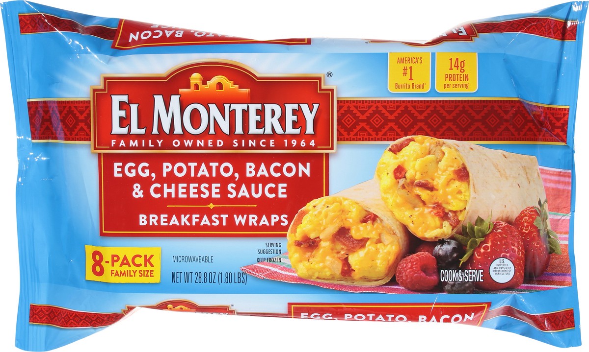 slide 9 of 13, El Monterey Egg, Potato, Bacon & Cheese Sauce Breakfast Wraps Family Size 8 ea, 28.8 oz