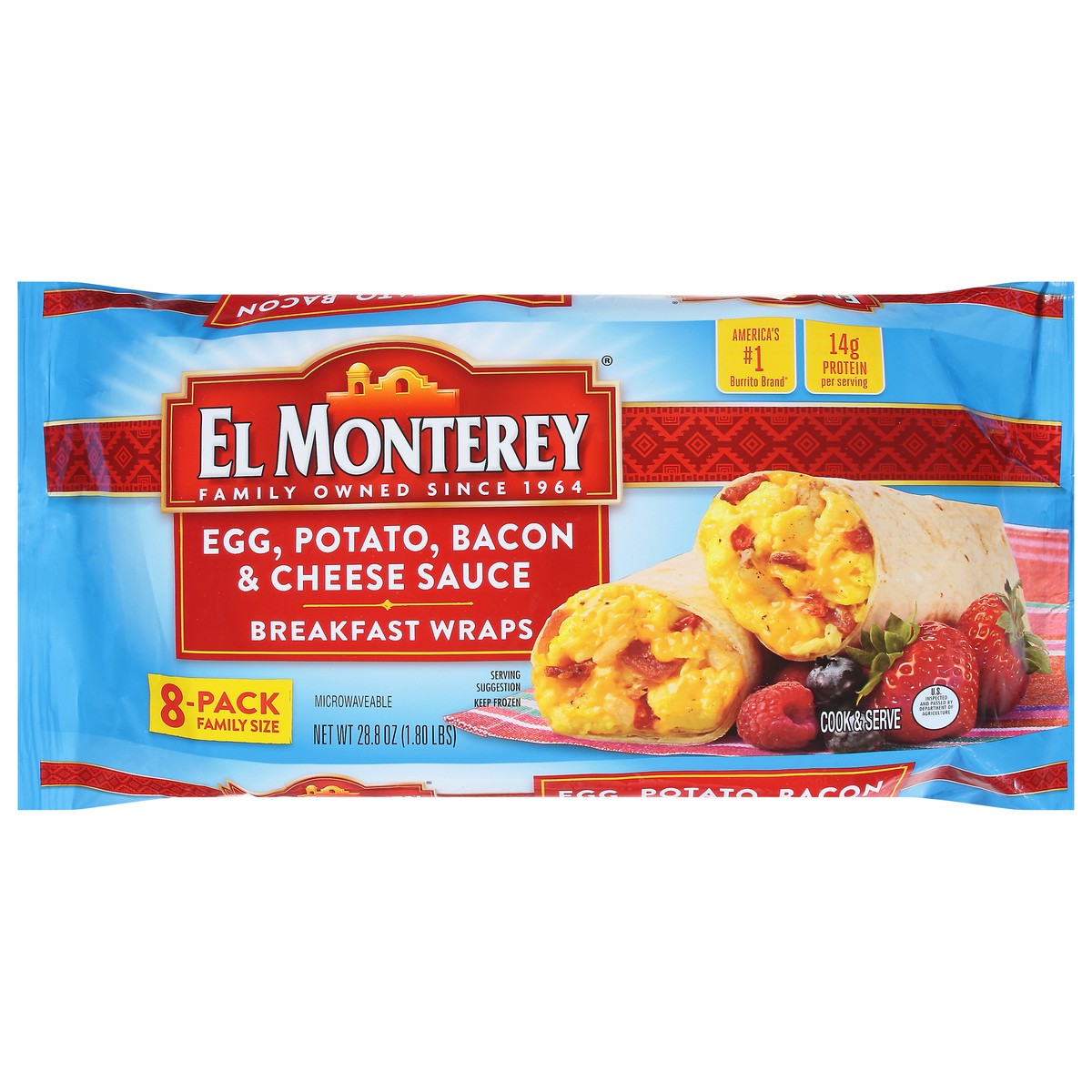 slide 1 of 13, El Monterey Egg, Potato, Bacon & Cheese Sauce Breakfast Wraps Family Size 8 ea, 28.8 oz