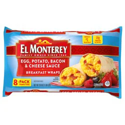 El Monterey Egg, Potato, Cheese Sauce & Bacon Breakfast Wraps, 8 Count (Frozen)