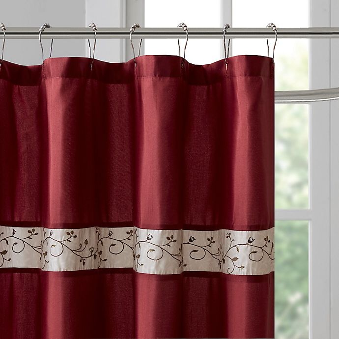 slide 3 of 4, Madison Park Serene Embroidered Shower Curtain - Red, 72 in x 72 in