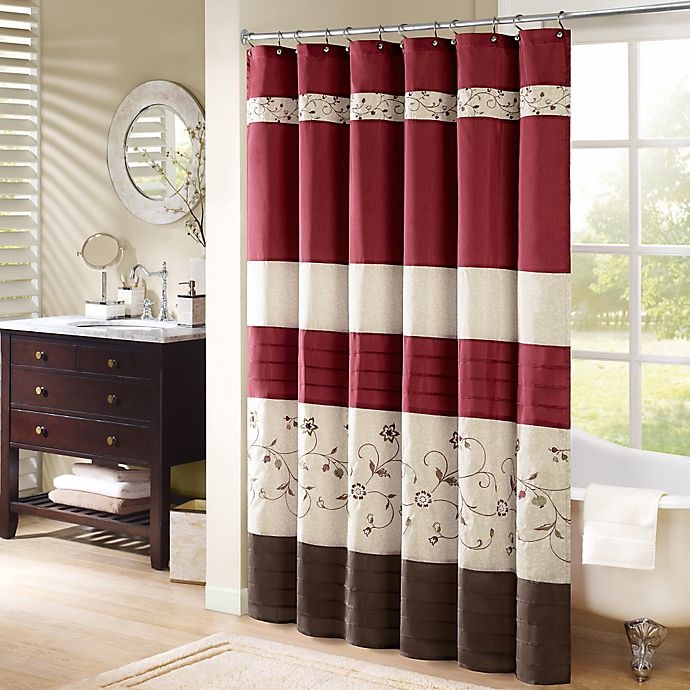 slide 1 of 4, Madison Park Serene Embroidered Shower Curtain - Red, 72 in x 72 in