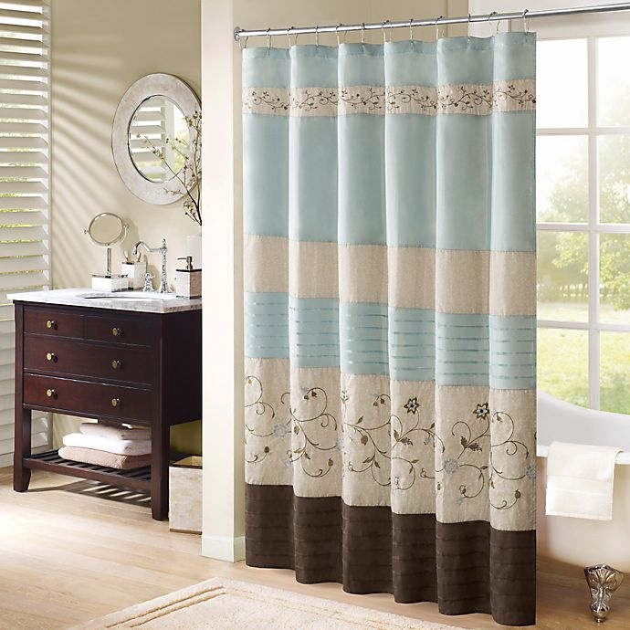 slide 1 of 4, Madison Park Serene Embroidered Shower Curtain - Blue, 72 in x 72 in