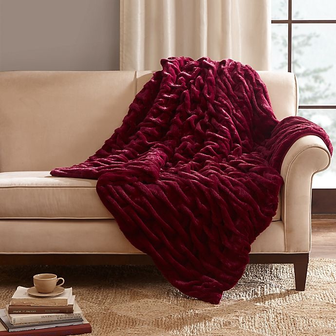 slide 2 of 2, Madison Park Ruched Faux Fur Throw Blanket - Red, 1 ct