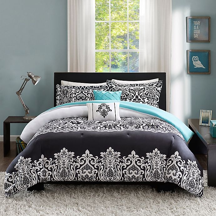 slide 3 of 5, Intelligent Design Leona Full/Queen Comforter Set - Black/Aqua, 5 ct