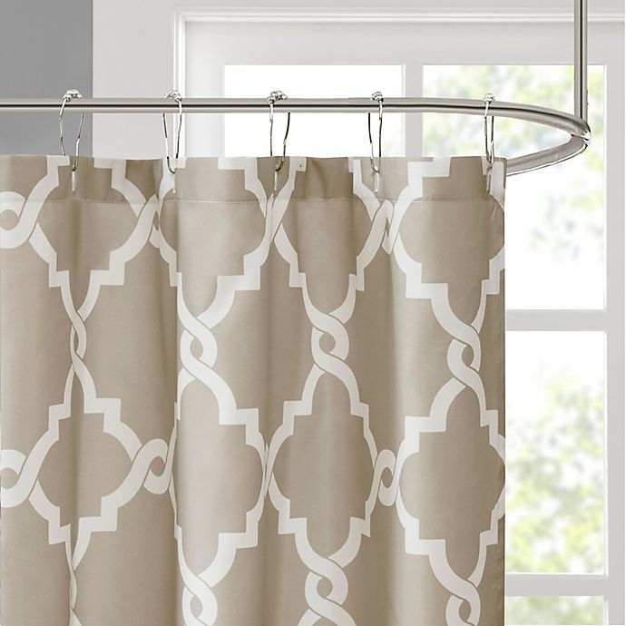 slide 2 of 4, Madison Park Essentials Merritt Printed Fretwork Shower Curtain - Taupe, 1 ct