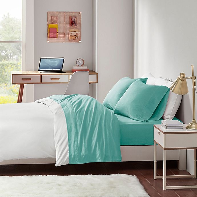 slide 2 of 4, Intelligent Design Jersey Knit Queen Sheet Set - Aqua, 1 ct