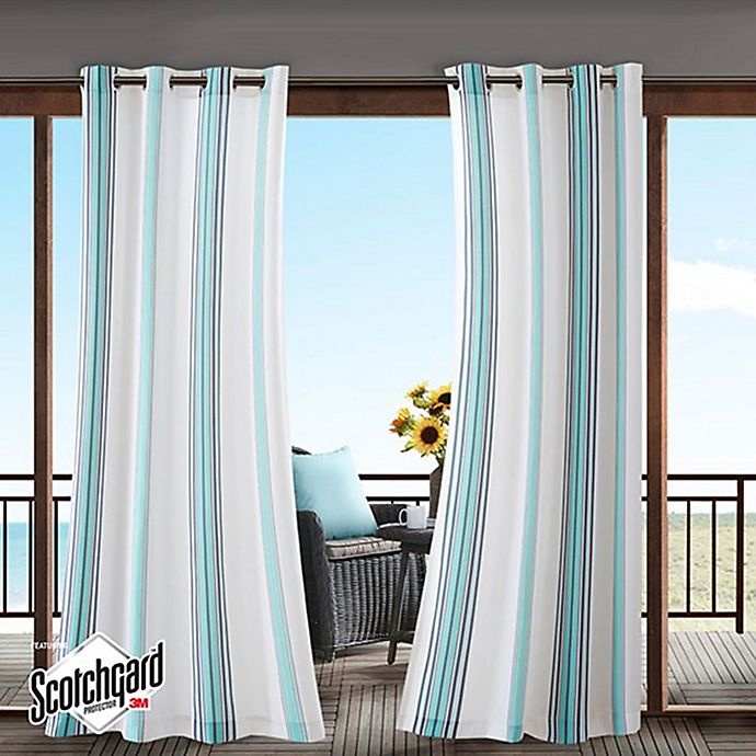 slide 2 of 7, Madison Park Sandbar 3M Scotchgard Grommet Top Outdoor Curtain Panel - Blue/White, 95 in