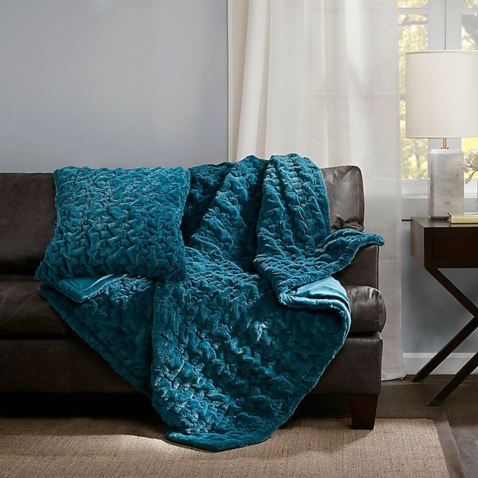 slide 2 of 2, Madison Park Ruched Faux Fur Throw Blanket - Teal, 1 ct