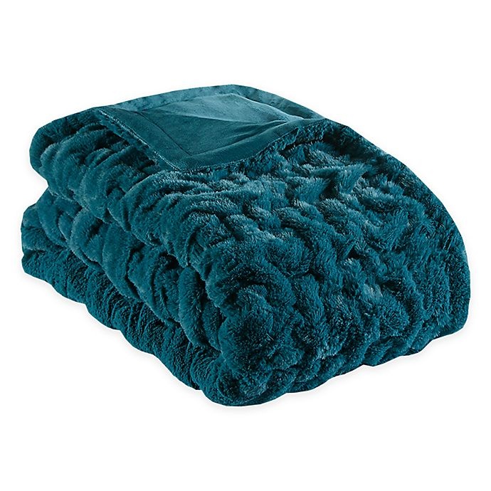 slide 1 of 2, Madison Park Ruched Faux Fur Throw Blanket - Teal, 1 ct