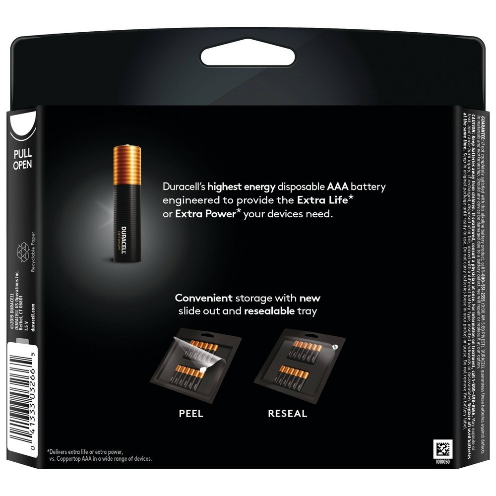 slide 3 of 4, Duracell Optimum batteries can deliver Extra Life in some devices or Extra Power in other devices, vs Coppertop in a wide range of devices. These batteries are packaged in a resealable storage tray., 6 pk