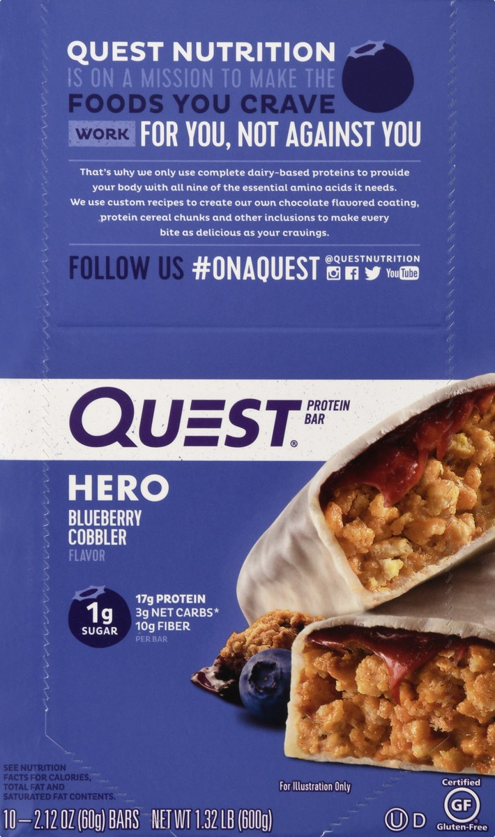 slide 1 of 9, Quest Hero Blueberry Cobbler Flavor Protein Bar 10 ea, 10 ct