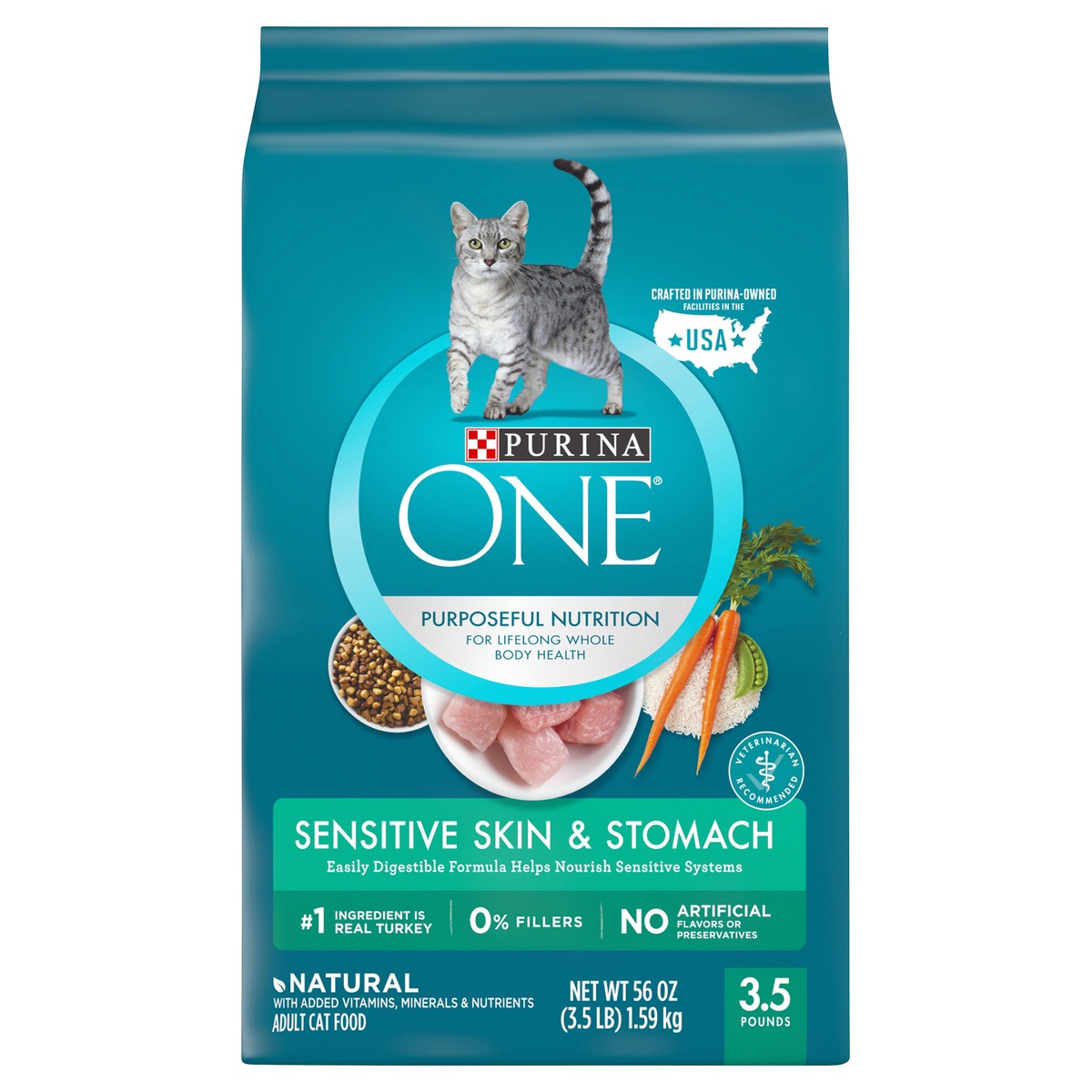 slide 1 of 1, Purina ONE Natural Dry Cat Food, Sensitive Skin & Stomach Formula, 3.5 lb