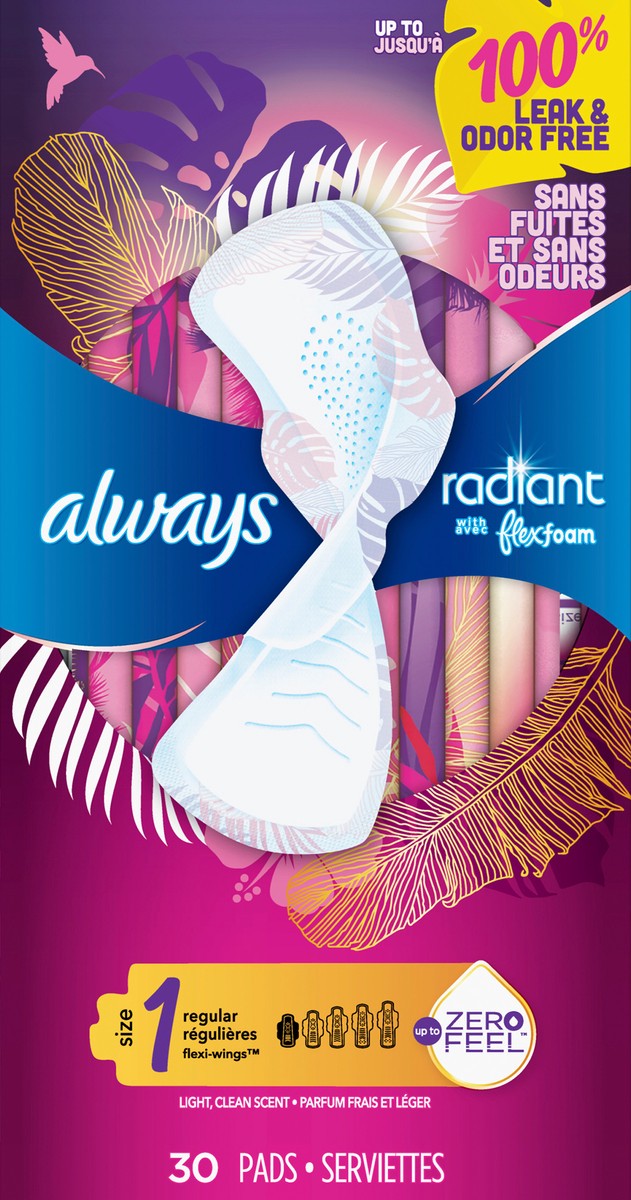 slide 2 of 2, Always Radiant Feminine Pads for Women, Size 1 Regular, with wings, scented, 30ct, 30 ct