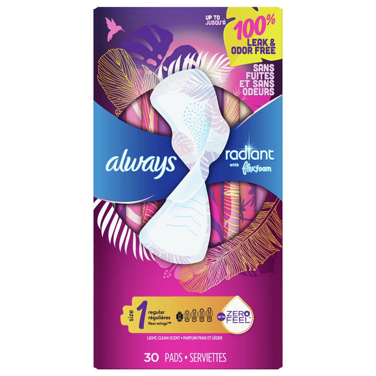 slide 1 of 2, Always Radiant Feminine Pads for Women, Size 1 Regular, with wings, scented, 30ct, 30 ct