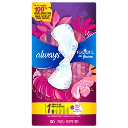 Always Radiant Feminine Pads for Women, Flexfoam Pads with Wings, Size 1, Regular Absorbency, Lightly Scented, 30 CT