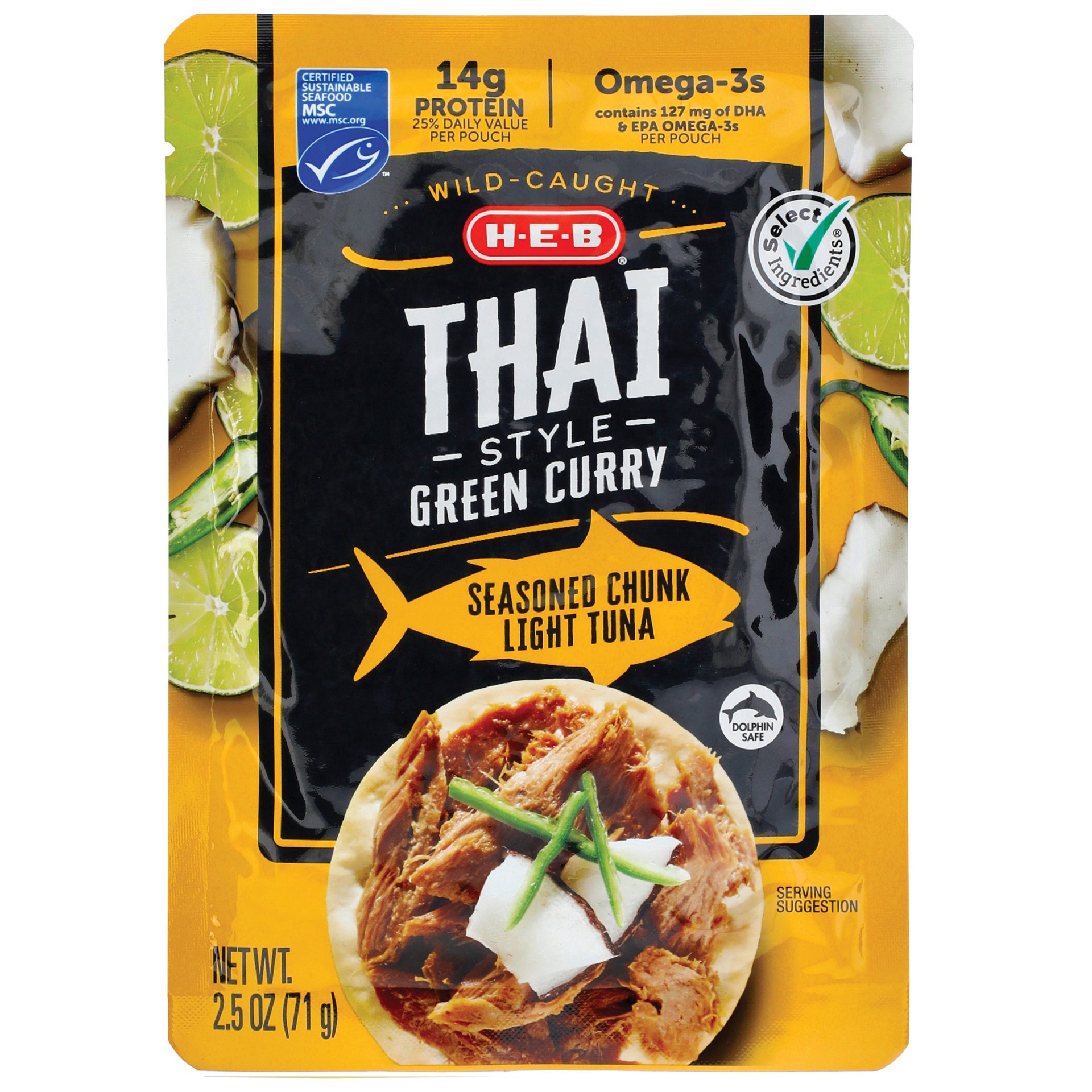 slide 1 of 1, H-E-B Select Ingredients Thai Style Green Curry Chunk Light Tuna Pouch, 2.5 oz