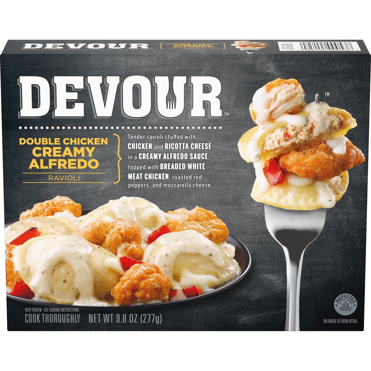slide 1 of 9, DEVOUR Double Chicken Creamy Alfredo Ravioli 9.8 oz. Box, 9.8 oz