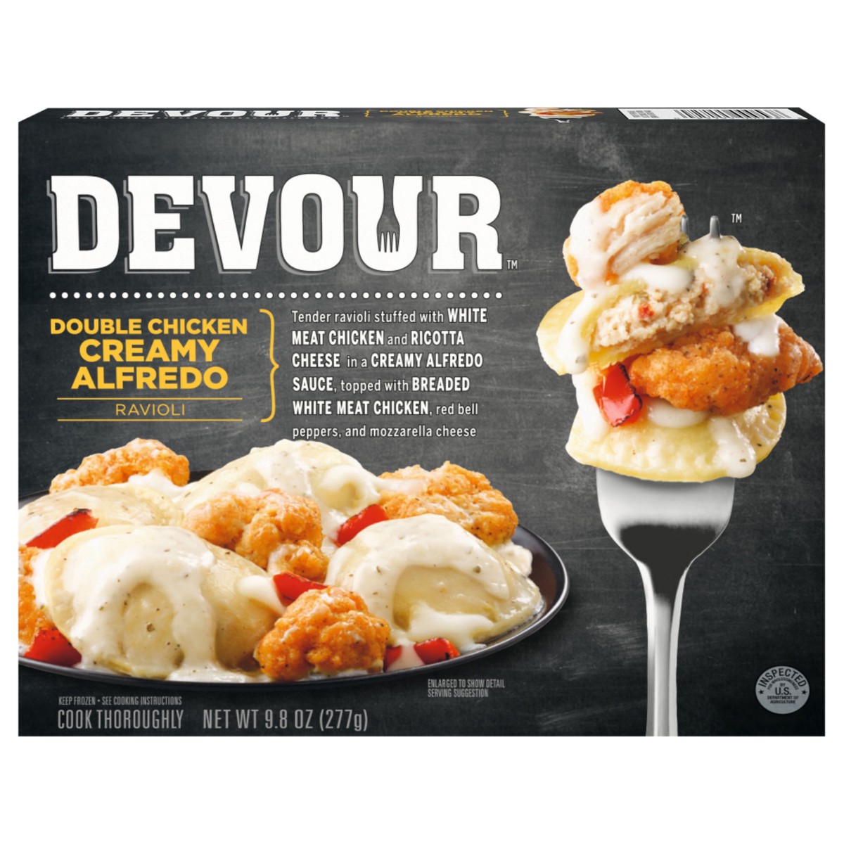 slide 1 of 9, DEVOUR Double Chicken Creamy Alfredo Ricotta Cheese Ravioli Frozen Meal, 10 oz Box, 9.8 oz