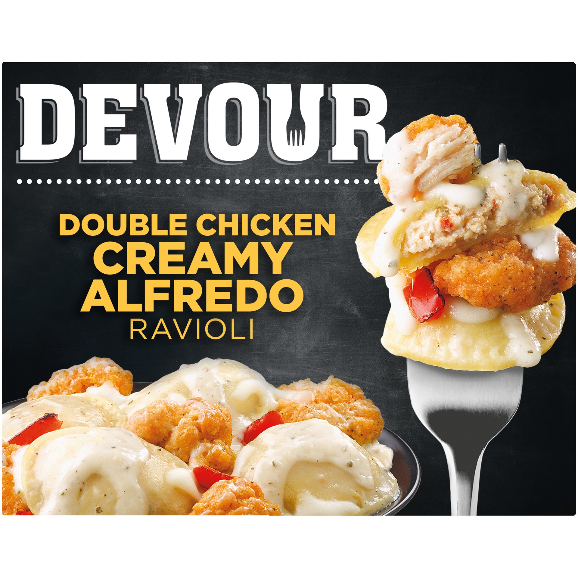 slide 1 of 9, DEVOUR Double Chicken Creamy Alfredo Ricotta Cheese Ravioli Frozen Meal, 10 oz Box, 9.8 oz