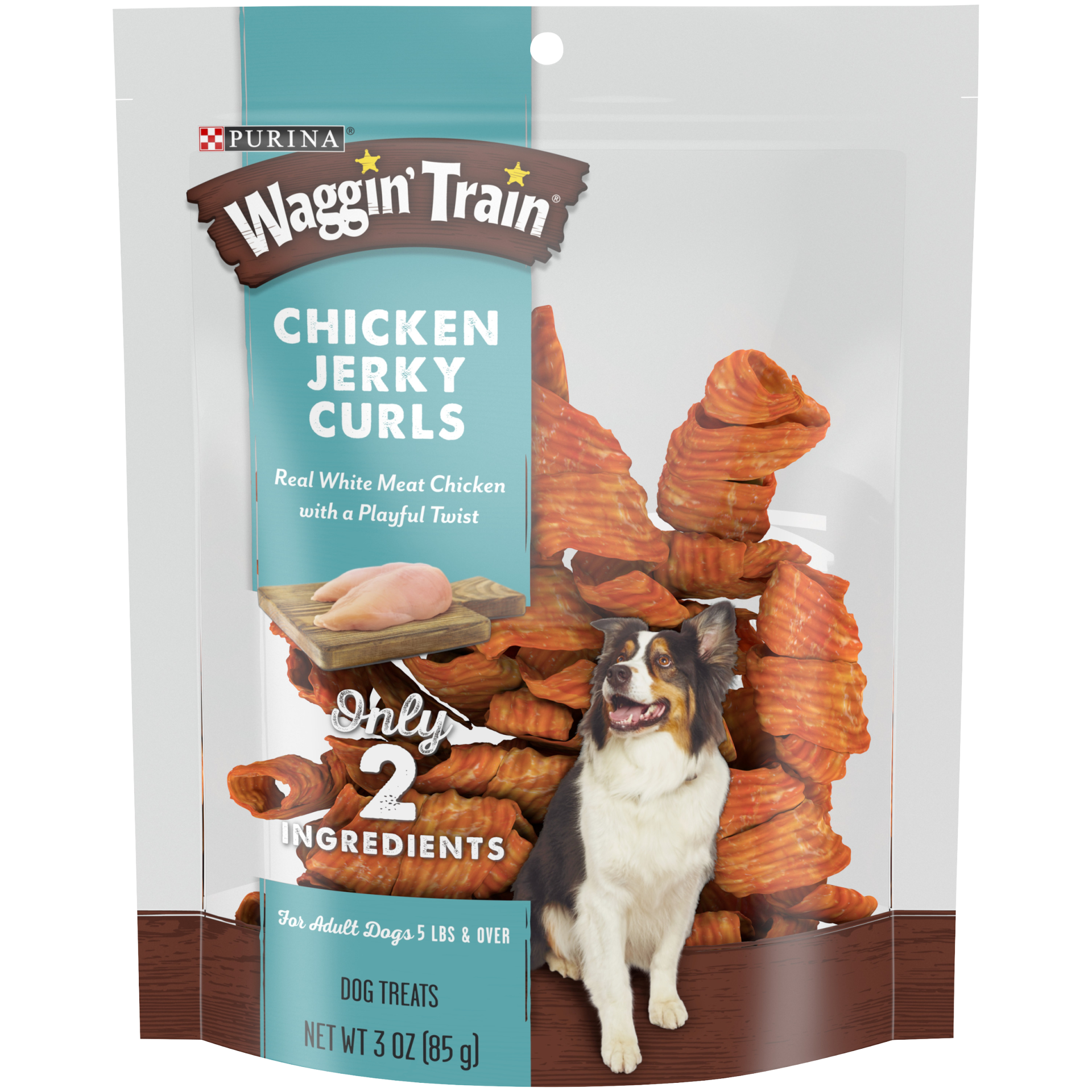 slide 1 of 9, Waggin' Train Treats for Dogs, Adult, Chicken Jerky Curls, 3 oz