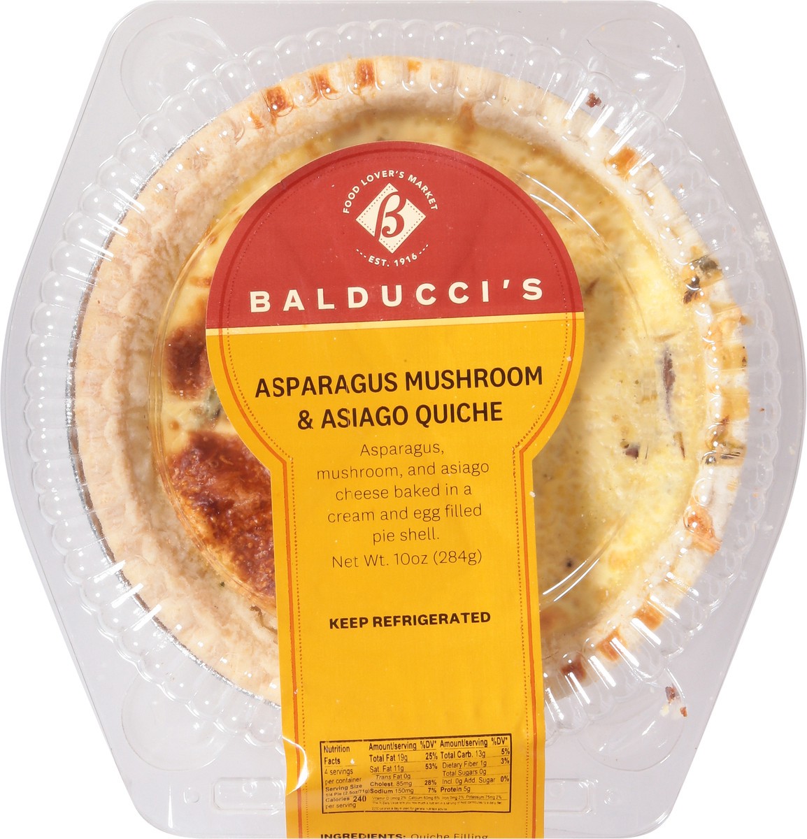 slide 2 of 14, Balducci's Asparagus Mushroom & Asiago Quiche 10 oz, 10 oz