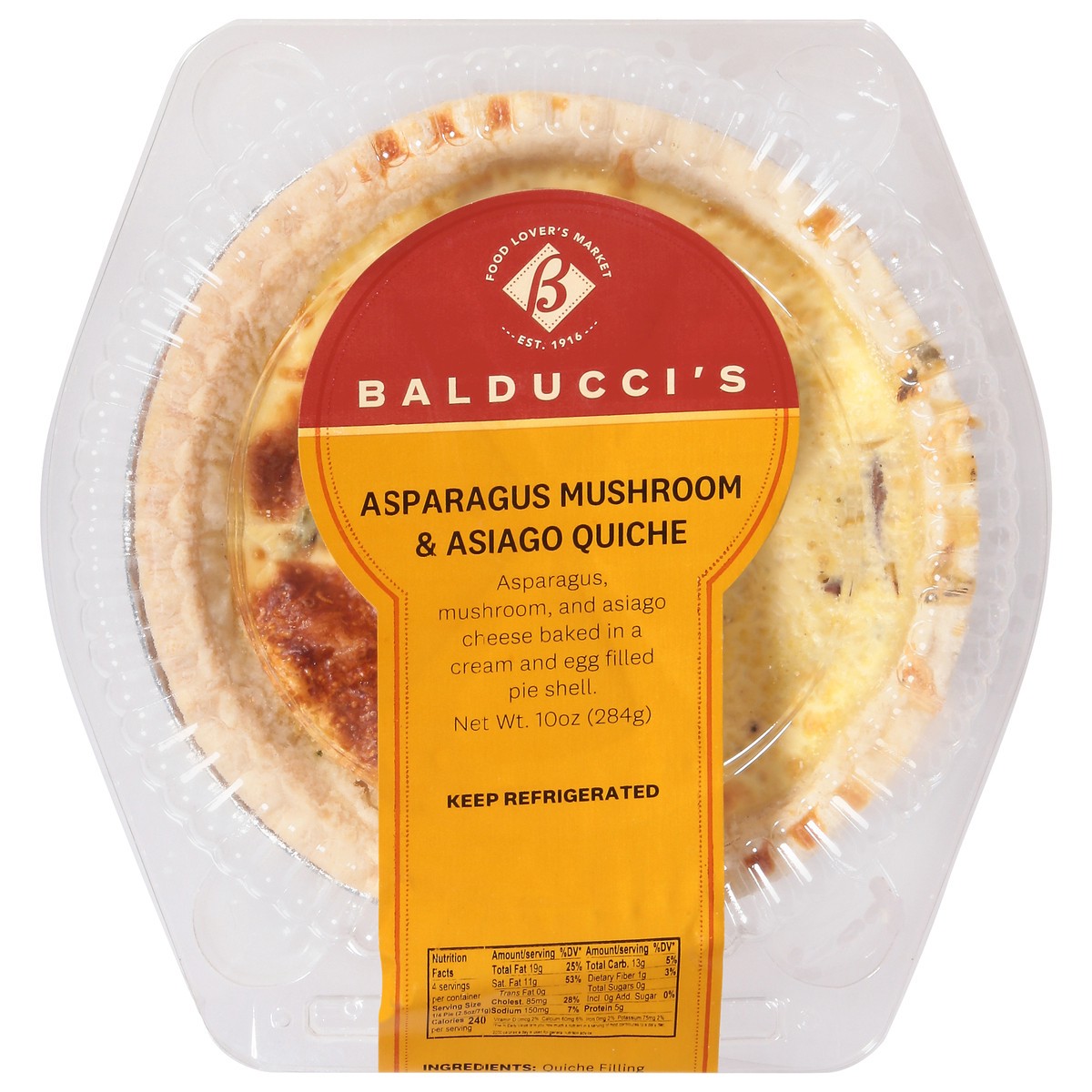 slide 1 of 14, Balducci's Asparagus Mushroom & Asiago Quiche 10 oz, 10 oz