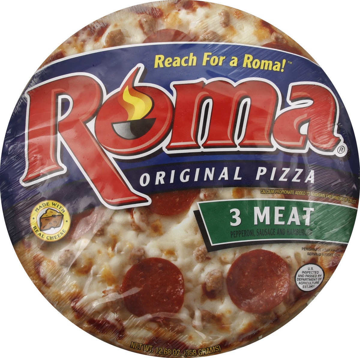 slide 1 of 3, Roma Thin Crust Three Meat Pizza, 12.68 oz