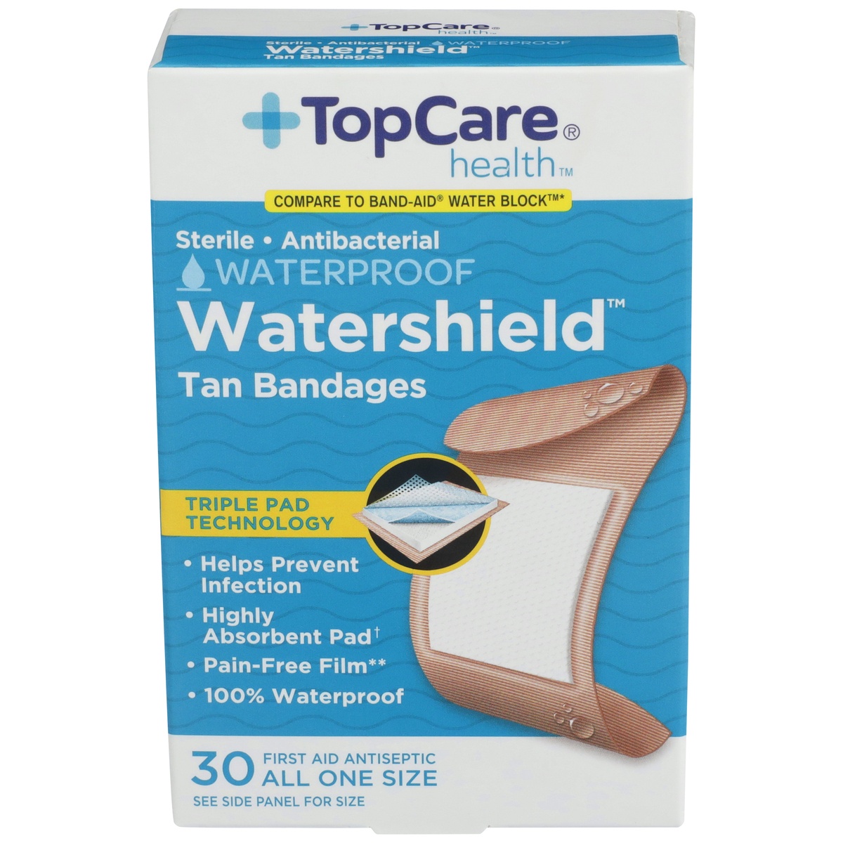 slide 1 of 1, TopCare Plastic Tan Bandages, 30 ct