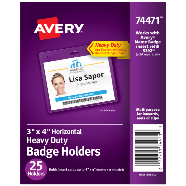 slide 1 of 7, Avery Secure Top Heavy-Duty Badge Holders, Horizontal, 4w x 3h, Clear, 25 ct
