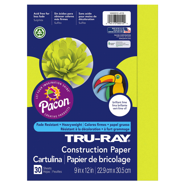 slide 1 of 1, Tru-Ray Construction Paper, Brilliant Lime, 9" x 12, 30 ct