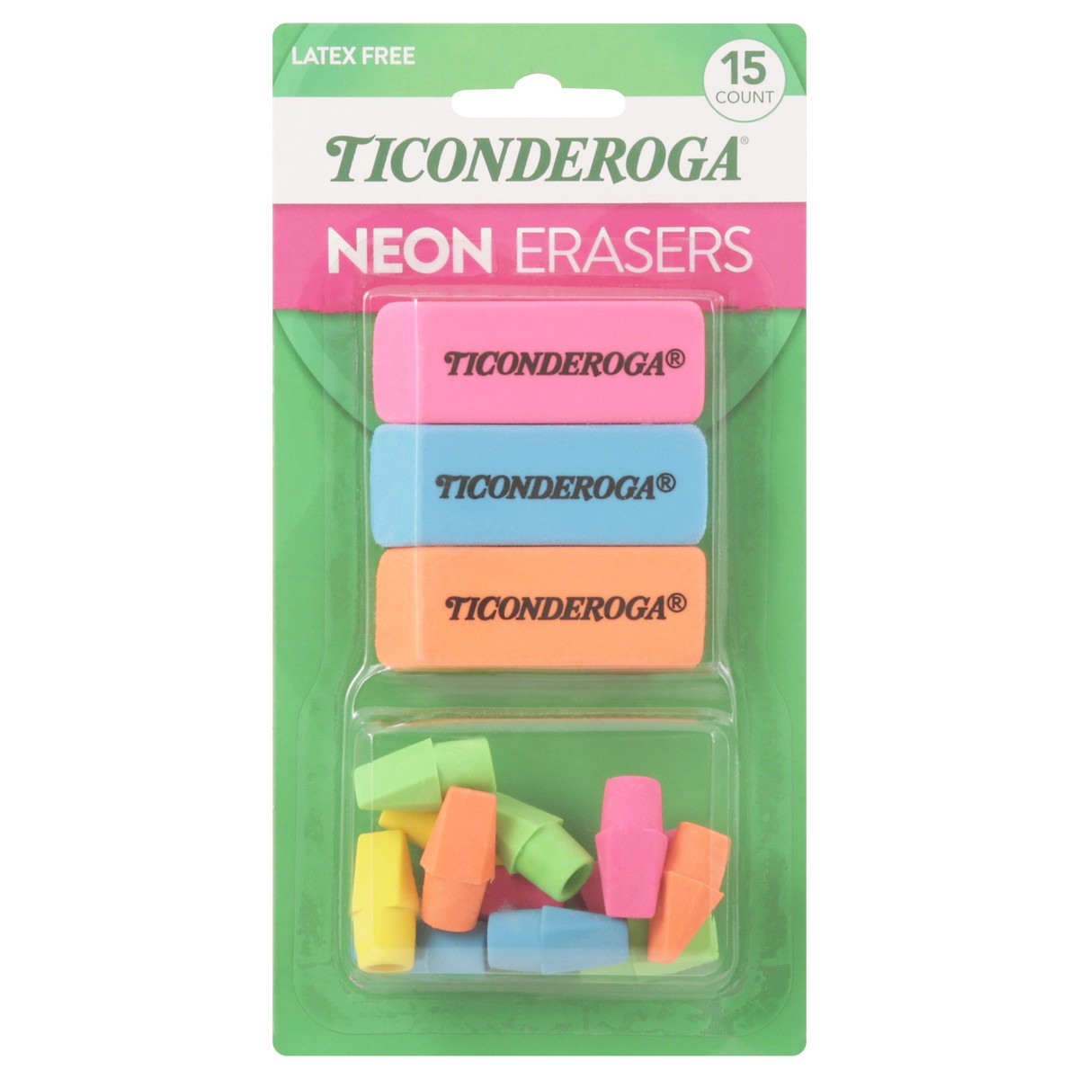 slide 1 of 9, Ticonderoga Latex Free Neon Erasers 15 ea, 15 ct