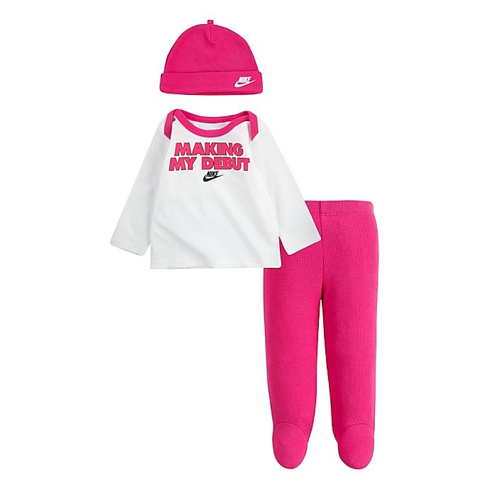 slide 1 of 2, Nike Newborn Shirt, Footed Pant and Hat Set - Dark Pink, 3 ct