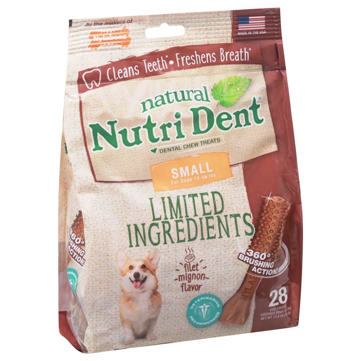 slide 2 of 9, Nylabone Nutri Dent Filet Mignon Dog Dental Chews Small - 10 lbs. to 15 Ibs.(28 Count), 28 ct
