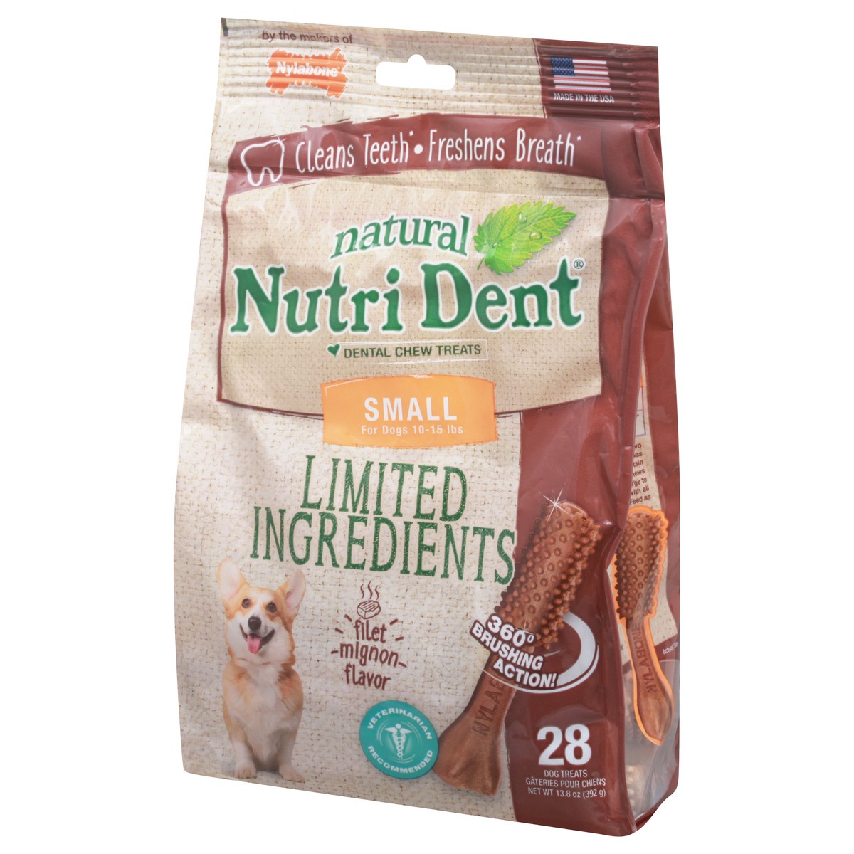 slide 7 of 9, Nylabone Nutri Dent Filet Mignon Dog Dental Chews Small - 10 lbs. to 15 Ibs.(28 Count), 28 ct