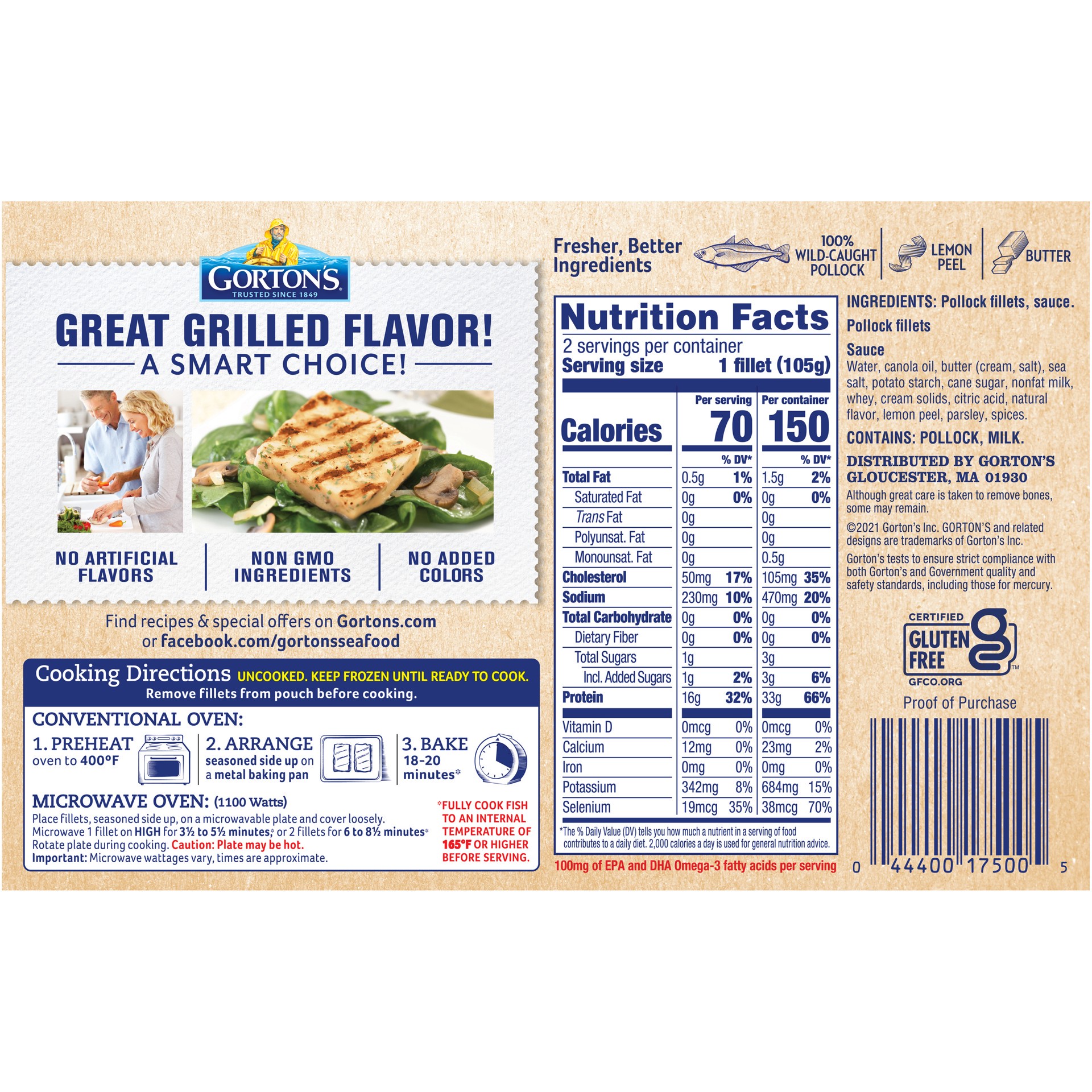 slide 4 of 9, Gorton's Gorton''s Flame Grilled Fish Fillets with Lemon Butter, 100% Wild Caught, Frozen, 2 Count, 7.1 Ounce Package, 2 ct