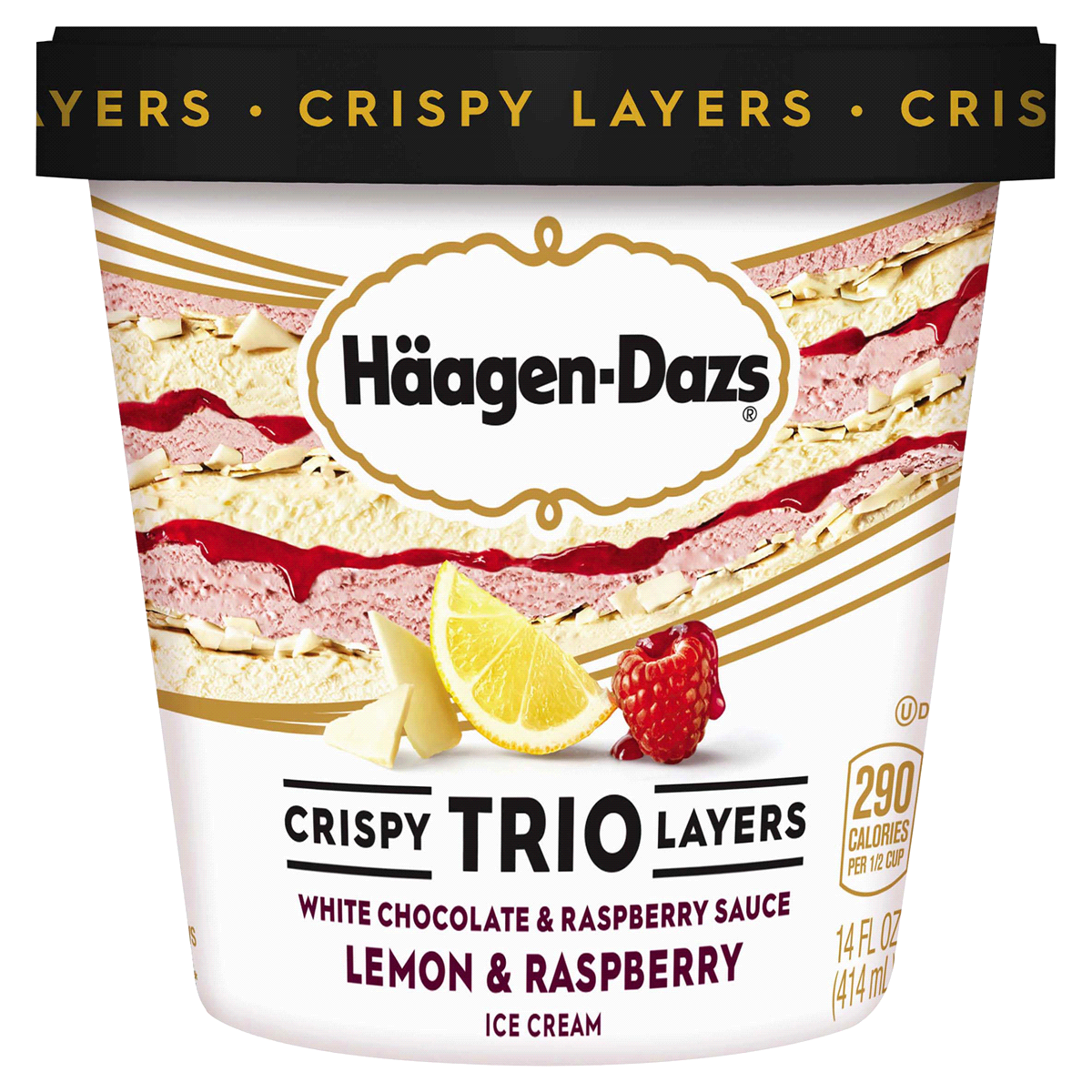 slide 1 of 6, Haagen-dazs Crispy Trio Layers White Chocolate, Raspberry Sauce, & Lemon, 14 fl oz