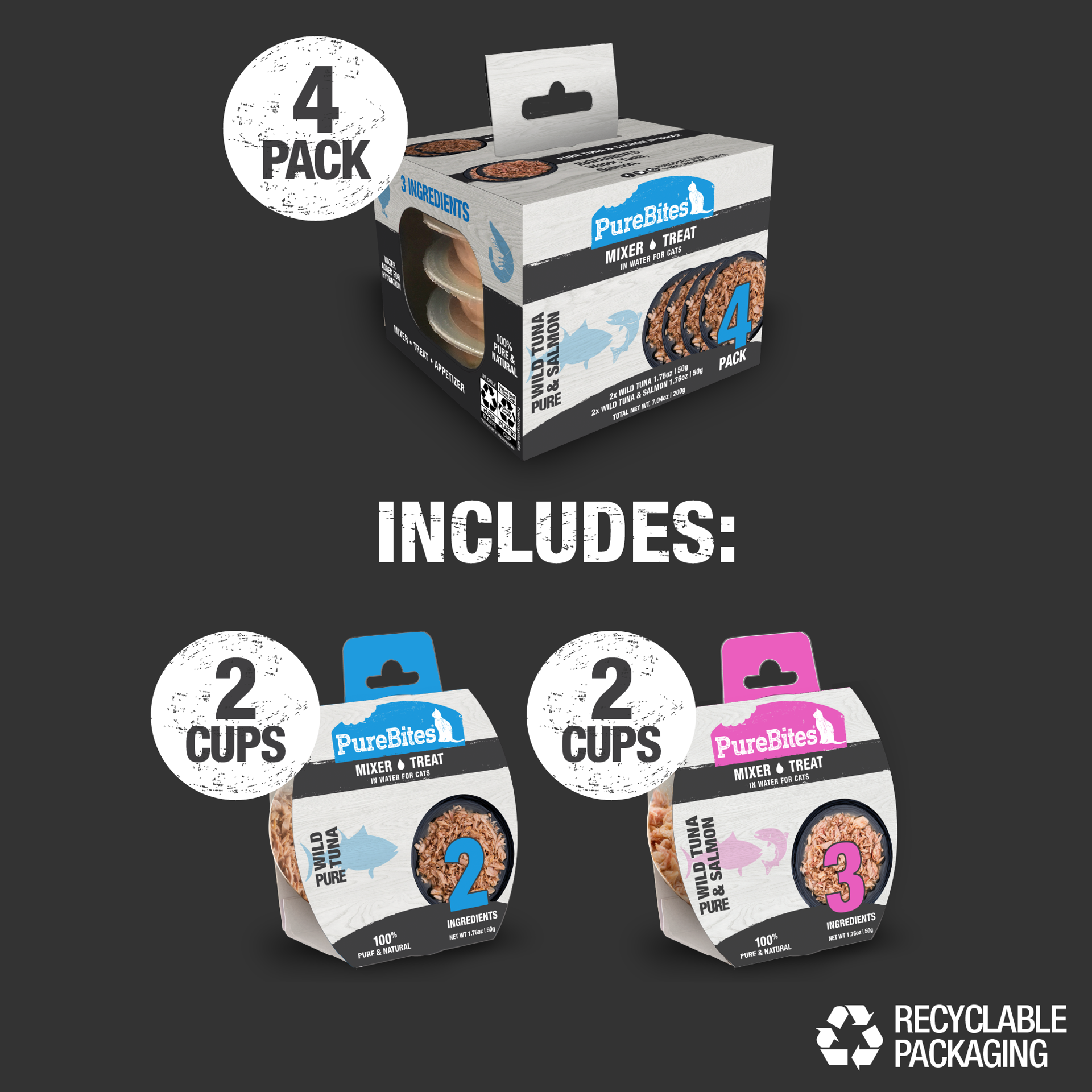 slide 5 of 5, PureBites Wet Mixers | Tuna Variety Pack | only 3 ingredients | 4 trays, 200 g