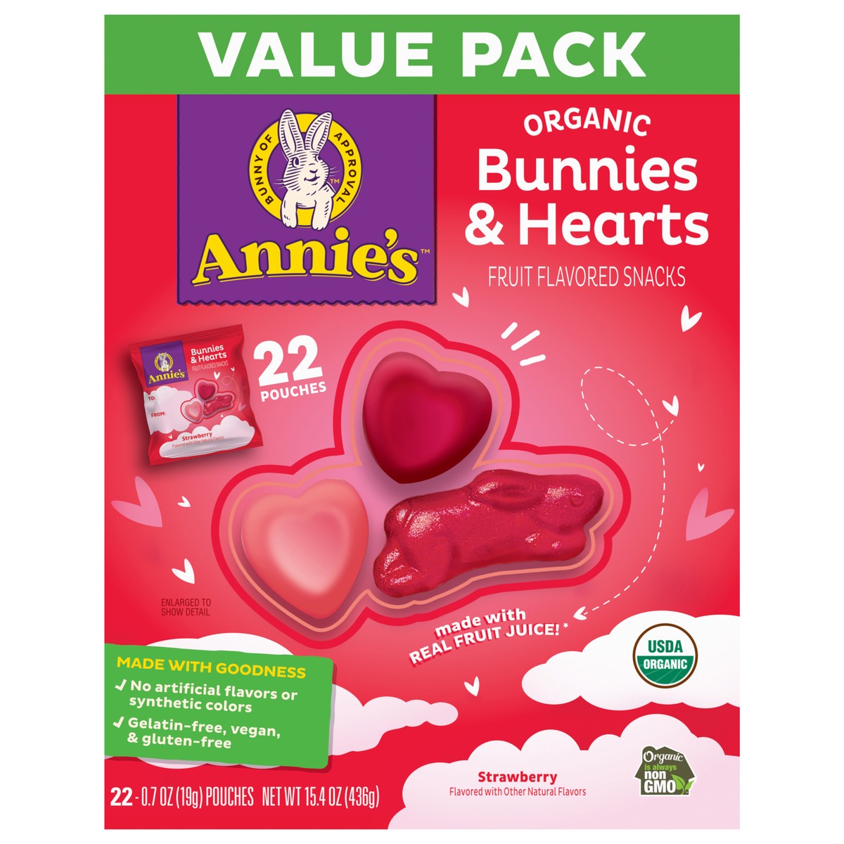 slide 5 of 15, ANNIES ORGANIC FRUIT SNACKS STRAWBERRY BUNNY & HEARTS, 15.4 oz