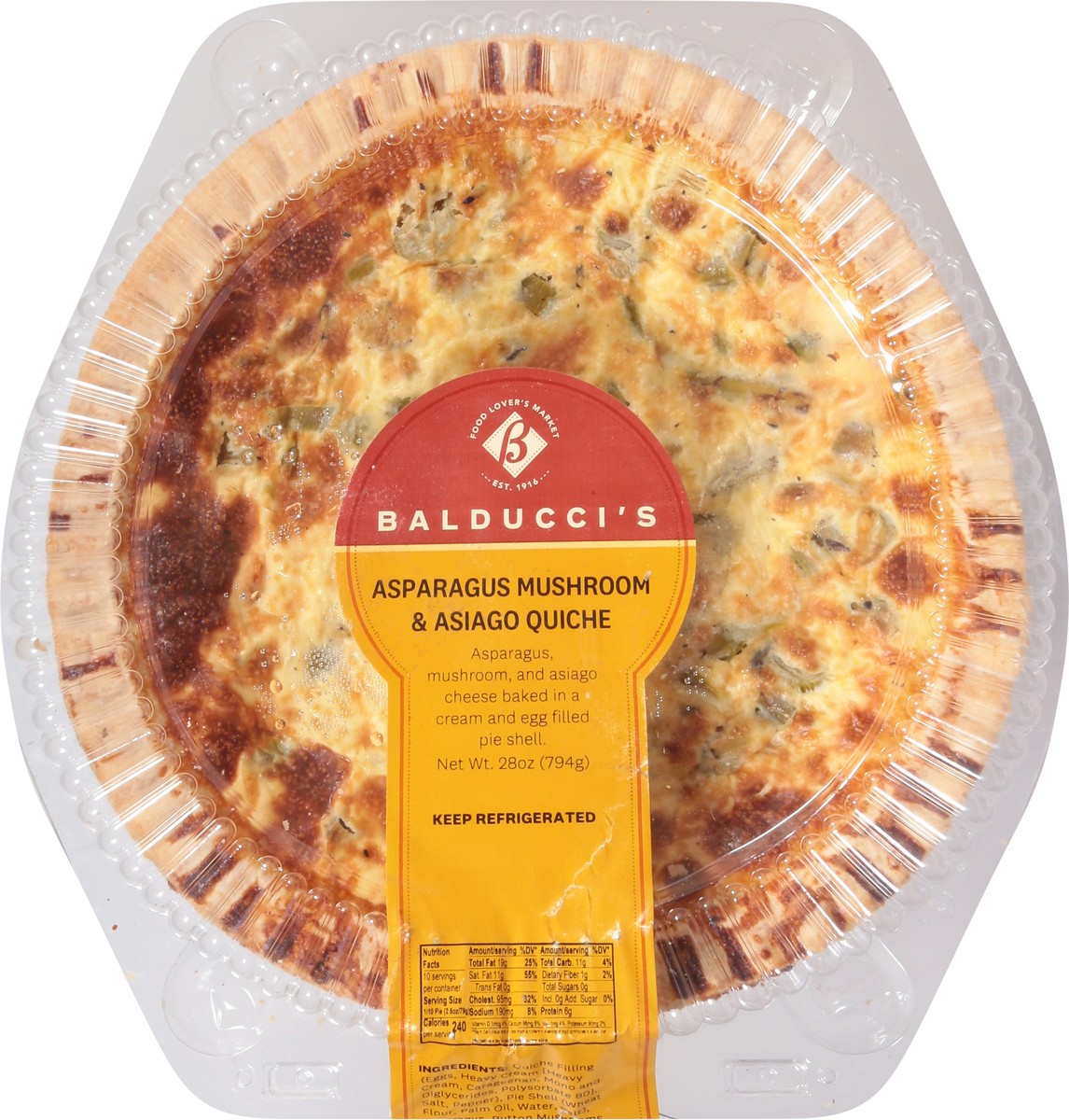 slide 6 of 14, Balducci's Asparagus Mushroom & Asiago Quiche Pie 28 oz, 28 oz