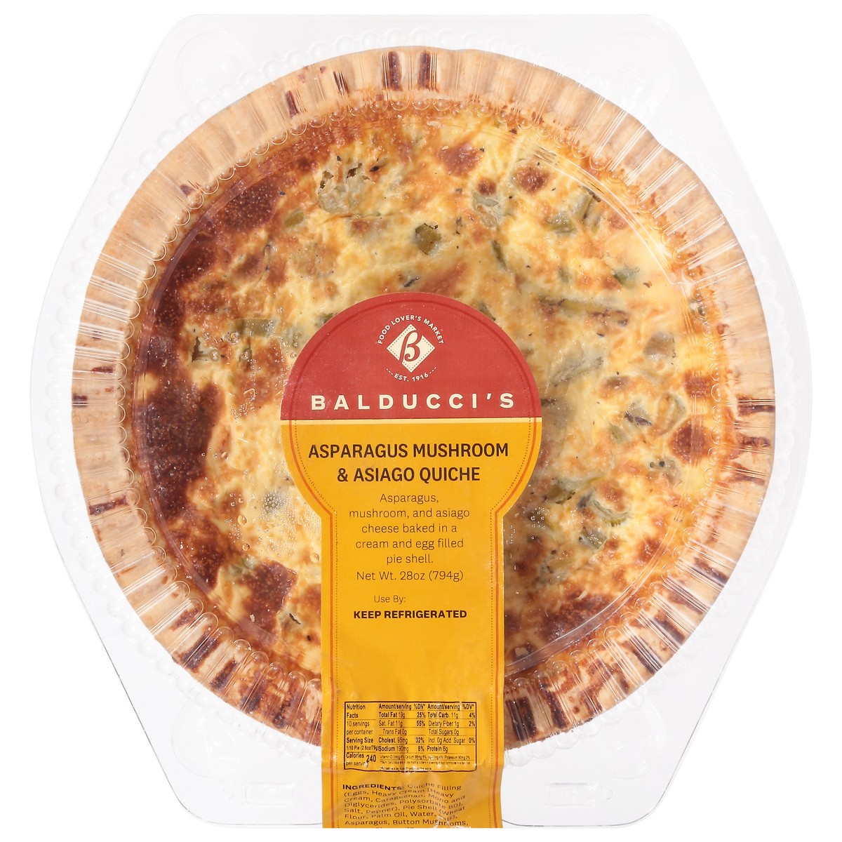slide 8 of 14, Balducci's Asparagus Mushroom & Asiago Quiche Pie 28 oz, 28 oz