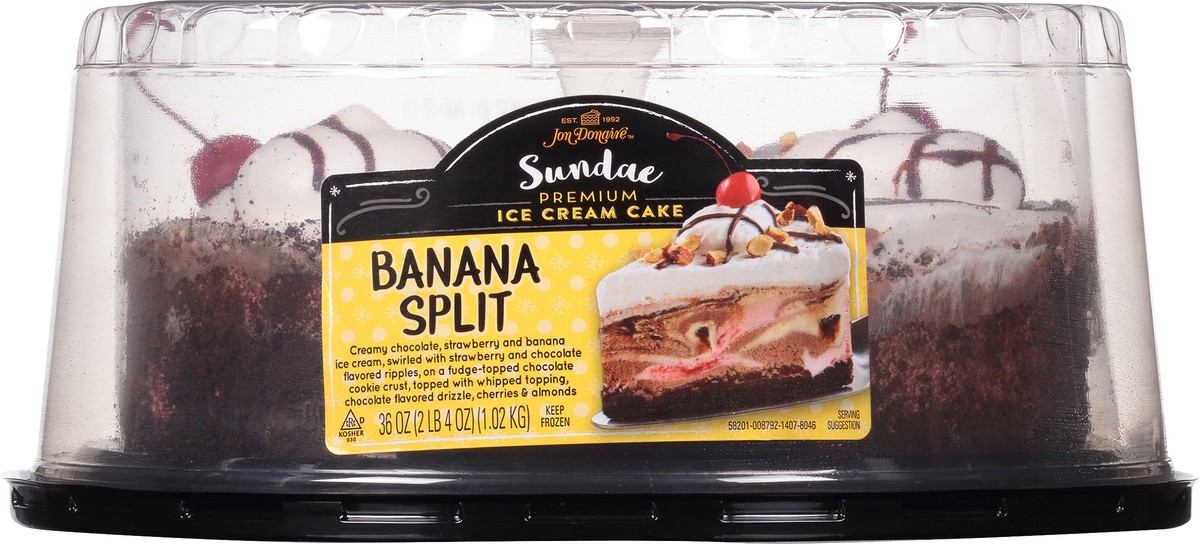 slide 1 of 2, Jon Donaire Banana Split Sundae Premium Ice Cream Cake 36 oz. Clamshell, 36 oz