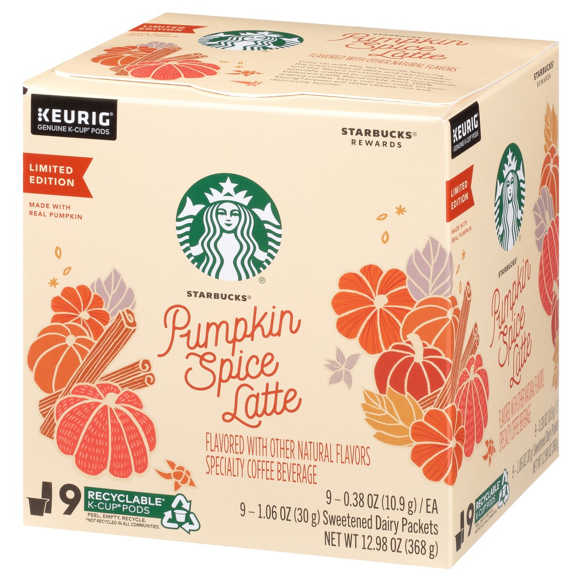 slide 2 of 14, Starbucks Pumpkin Spice Caffè Latte Single Cup Coffee for Keurig Brewers, 1 Box of 9 (9 Total K-Cup pods), 12.98 oz