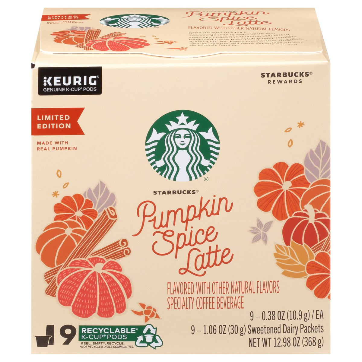 slide 1 of 14, Starbucks Pumpkin Spice Caffè Latte Single Cup Coffee for Keurig Brewers, 1 Box of 9 (9 Total K-Cup pods), 12.98 oz