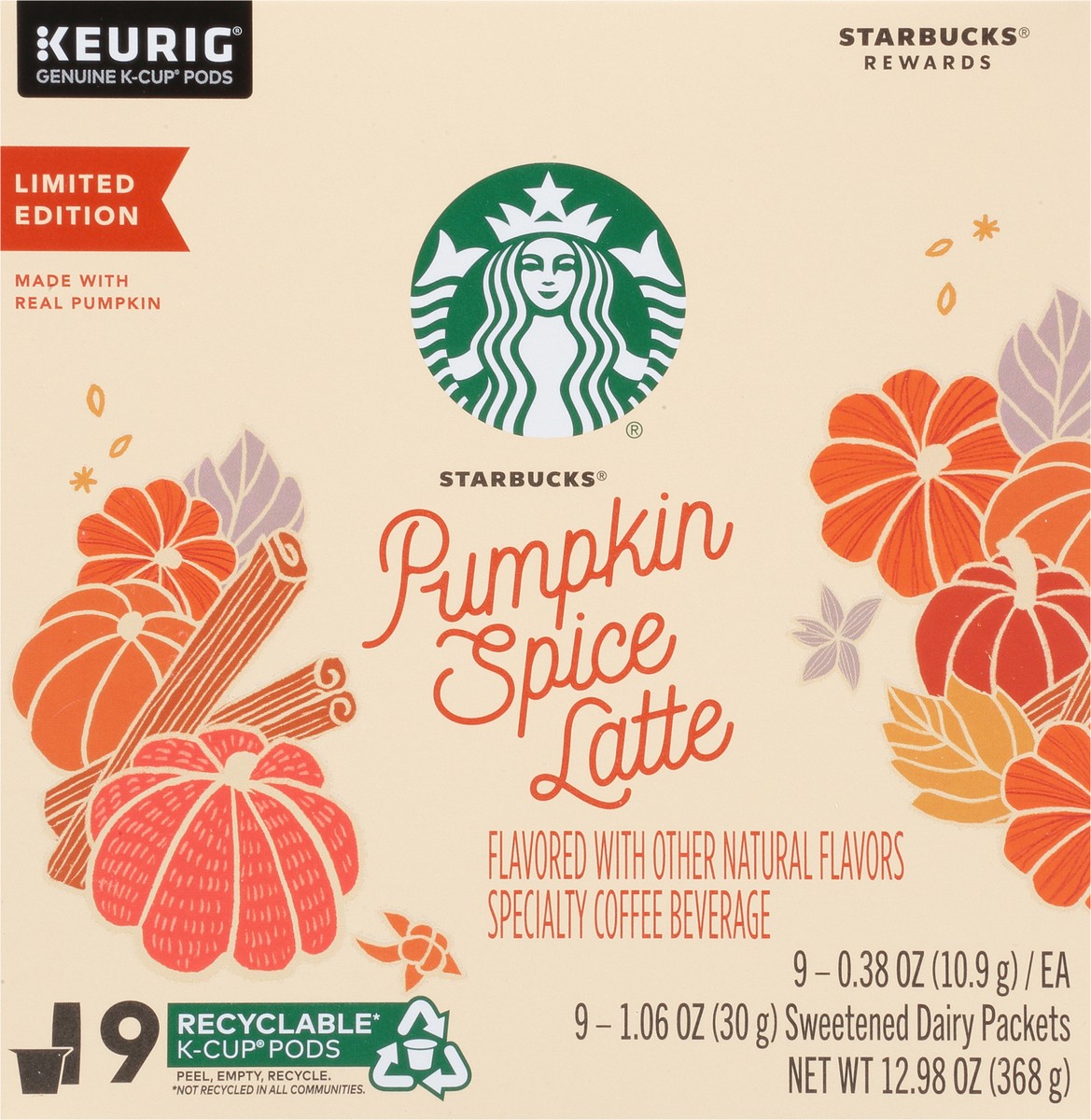 slide 12 of 14, Starbucks Pumpkin Spice Caffè Latte Single Cup Coffee for Keurig Brewers, 1 Box of 9 (9 Total K-Cup pods), 12.98 oz