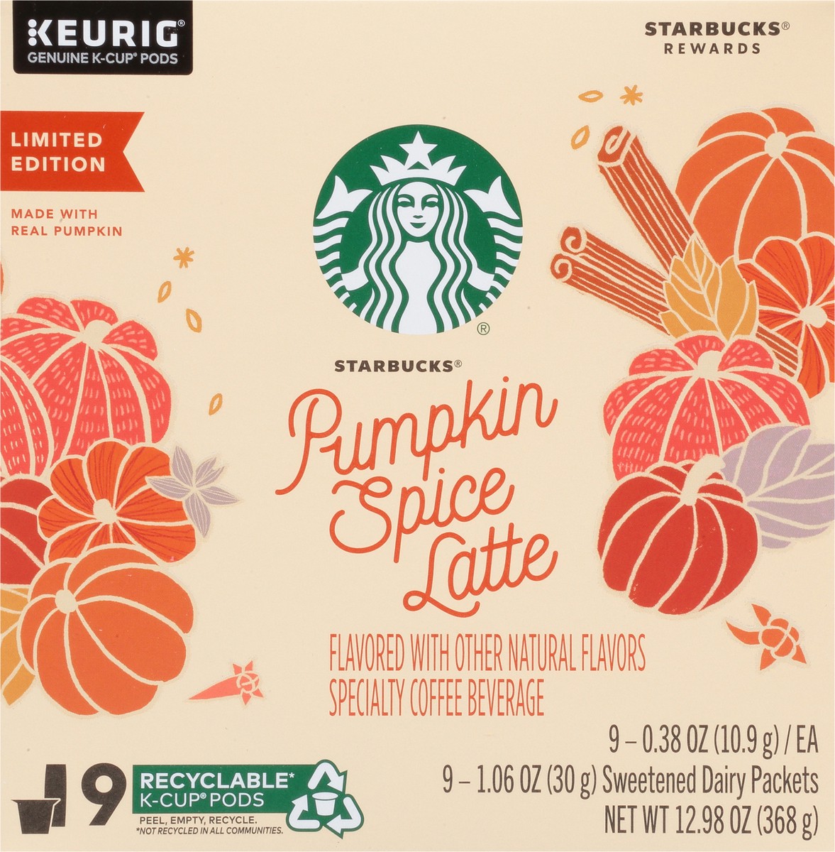 slide 13 of 14, Starbucks Pumpkin Spice Caffè Latte Single Cup Coffee for Keurig Brewers, 1 Box of 9 (9 Total K-Cup pods), 12.98 oz