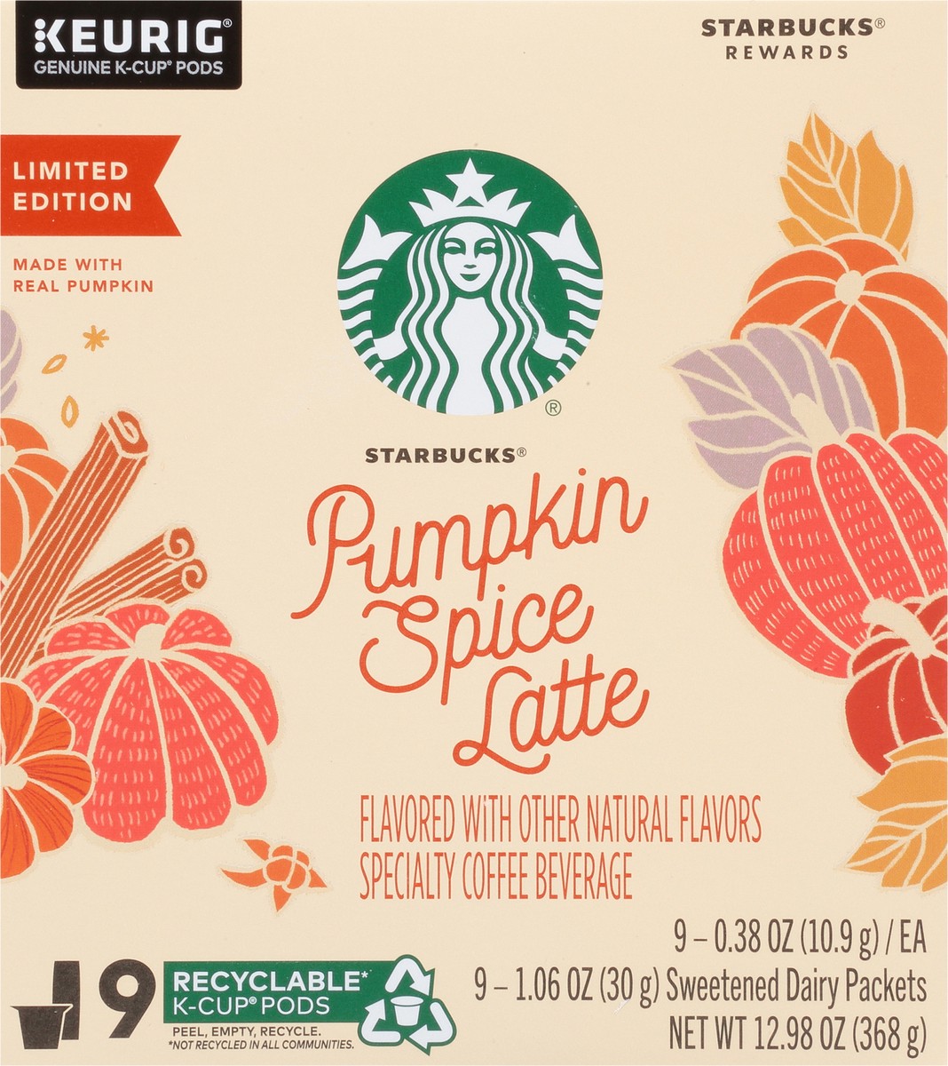 slide 5 of 14, Starbucks Pumpkin Spice Caffè Latte Single Cup Coffee for Keurig Brewers, 1 Box of 9 (9 Total K-Cup pods), 12.98 oz