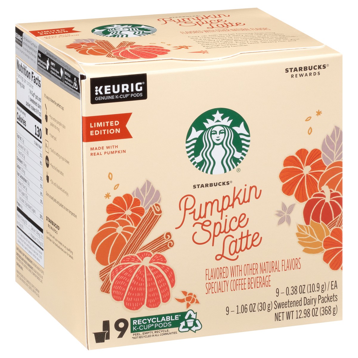 slide 7 of 14, Starbucks Pumpkin Spice Caffè Latte Single Cup Coffee for Keurig Brewers, 1 Box of 9 (9 Total K-Cup pods), 12.98 oz